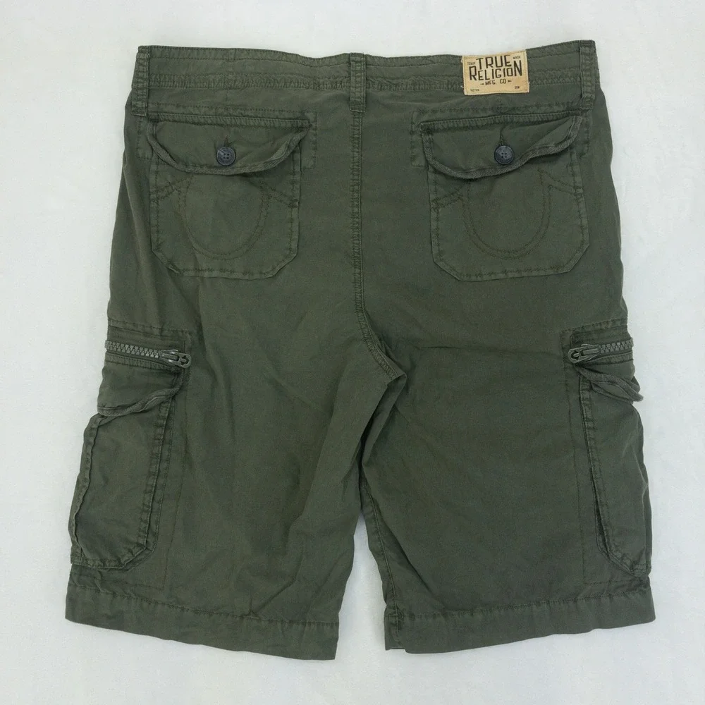 True Religion Terrain Cargo Shorts Mens 36 Olive Green Drawstring Zipper Pockets